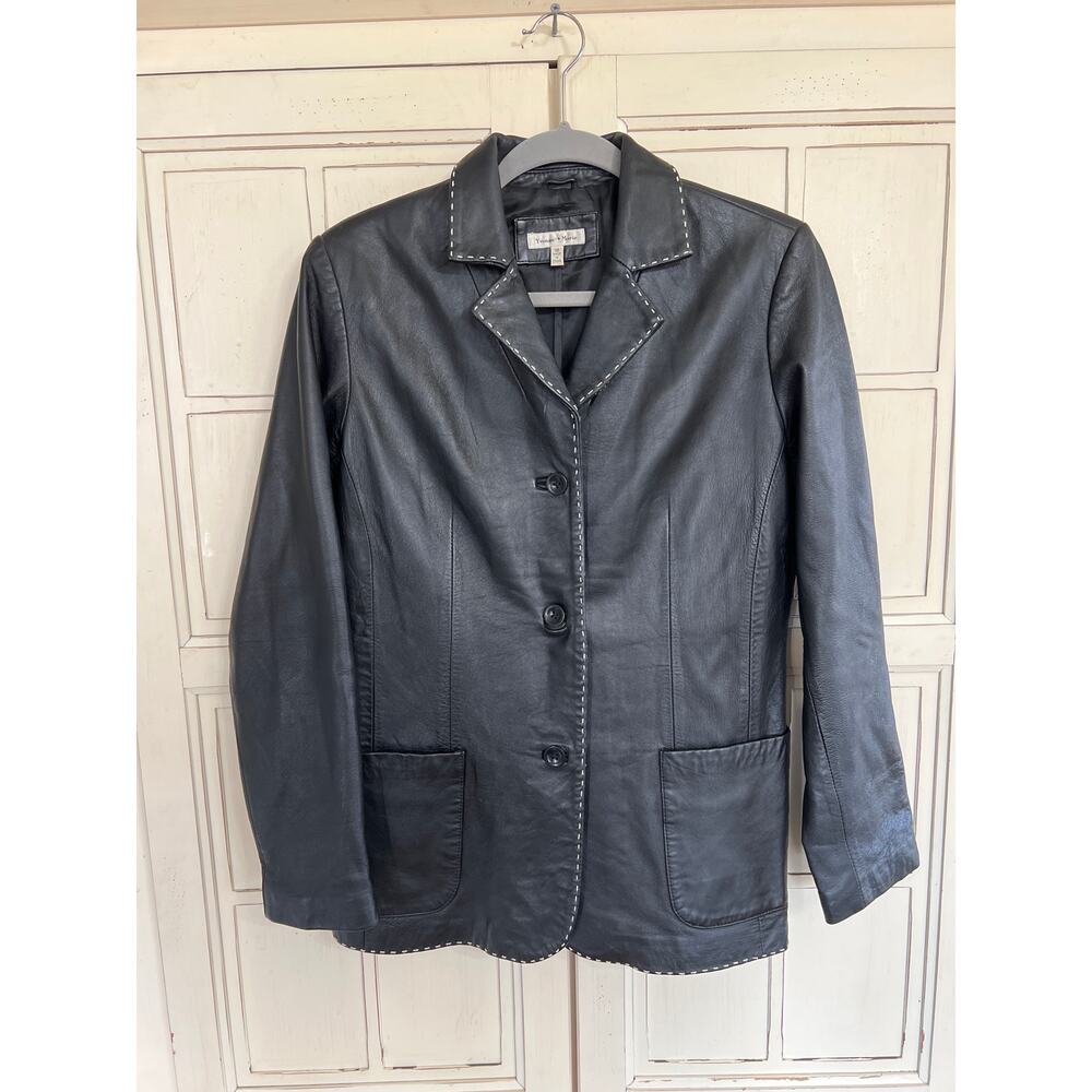 Yvonne Marie size 10 black lambs leather jacket white stitching detail